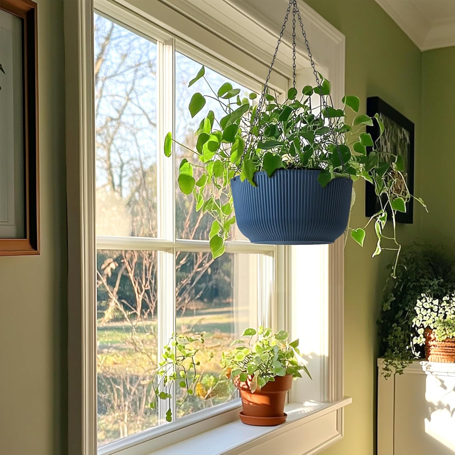 T4U 10 Inch Hanging Planters for Indoor Plants, 2 Pack White Self Watering Hanging Plant Pot, Hanging Pots Set with Drainage Hole & Plug & Chain with 3 Hooks for Garden Home Decor
