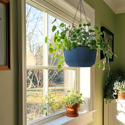 T4U 10 Inch Hanging Planters for Indoor Plants, 2 Pack White Self Watering Hanging Plant Pot, Hanging Pots Set with Drainage Hole & Plug & Chain with 3 Hooks for Garden Home Decor
