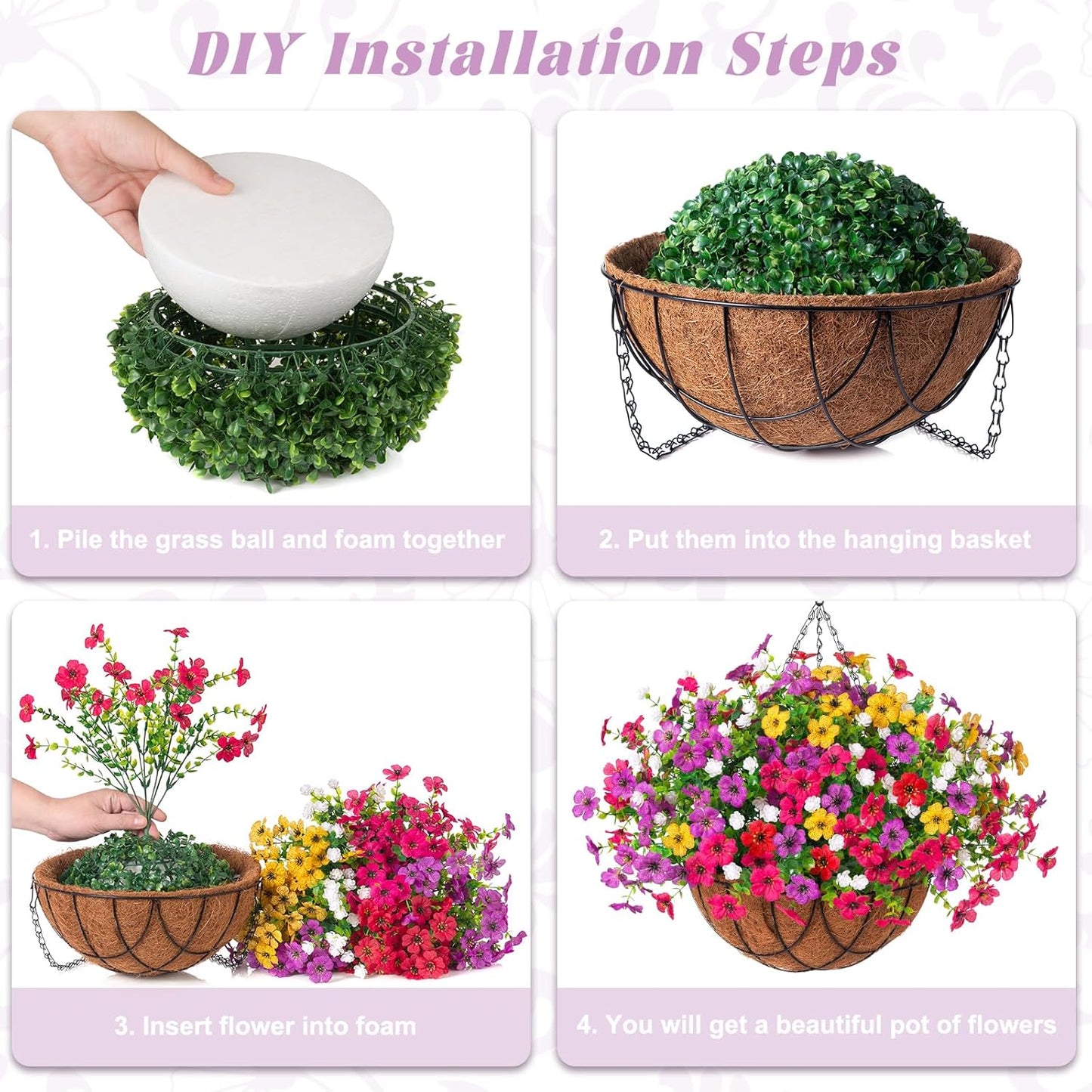 Artificial Silk Flowers Hanging Basket for Outdoor Indoor, Daisy with Eucalyptus Leaves Arrangement for Garden Yard Spring Summer Decor, Faux Green Plant in Metal Coconut Lining Pot(Red Purple)