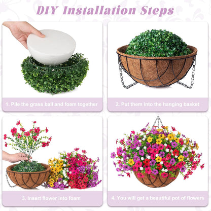 Artificial Silk Flowers Hanging Basket for Outdoor Indoor, Daisy with Eucalyptus Leaves Arrangement for Garden Yard Spring Summer Decor, Faux Green Plant in Metal Coconut Lining Pot(Red Purple)