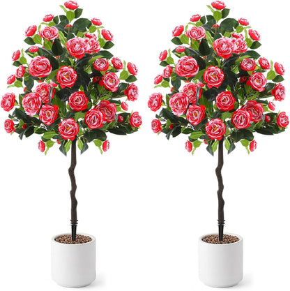 Lunmon 2 Pack 3ft Artificial Camellia Plants Tree 36" Faux Camellia Flower with Spike UV Resistant Realistic Fake Floral Blooming Bush for Indoor Outdoor Front Door Porch Backyard Garden, Purple