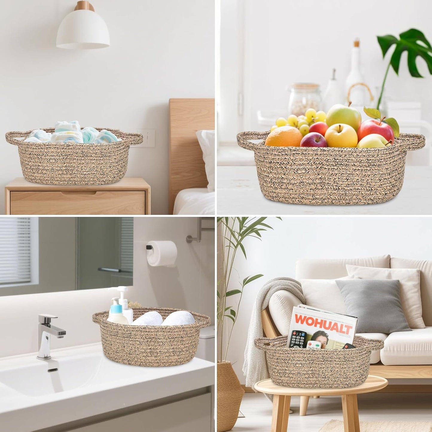 ABenkle Small Basket with Handles, Boho Decorative Rope Woven Dog Cat Toy Storage Bin Shelf Storage Organizer, Easter Christmas Gift Basket, 12"x8"x5", White