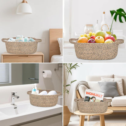 ABenkle Small Basket with Handles, Boho Decorative Rope Woven Dog Cat Toy Storage Bin Shelf Storage Organizer, Easter Christmas Gift Basket, 12"x8"x5", White