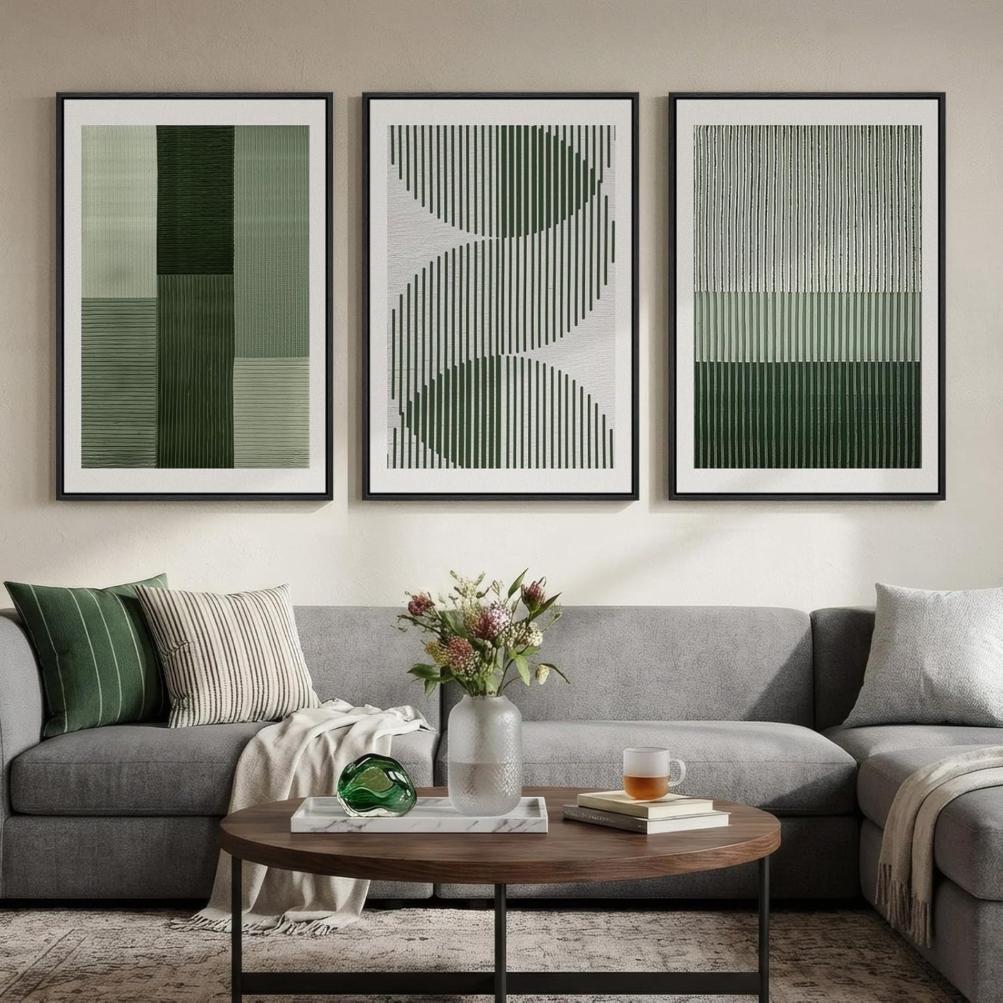 Large Framed Abstract Nature Landscape Wall Art for Living Room, Set of 3 Modern Canvas Prints Paintings Artwork for Walls, Green Lake Pictures for Hallway, Dining Room, Office Wall Decor 24x36 Inch
