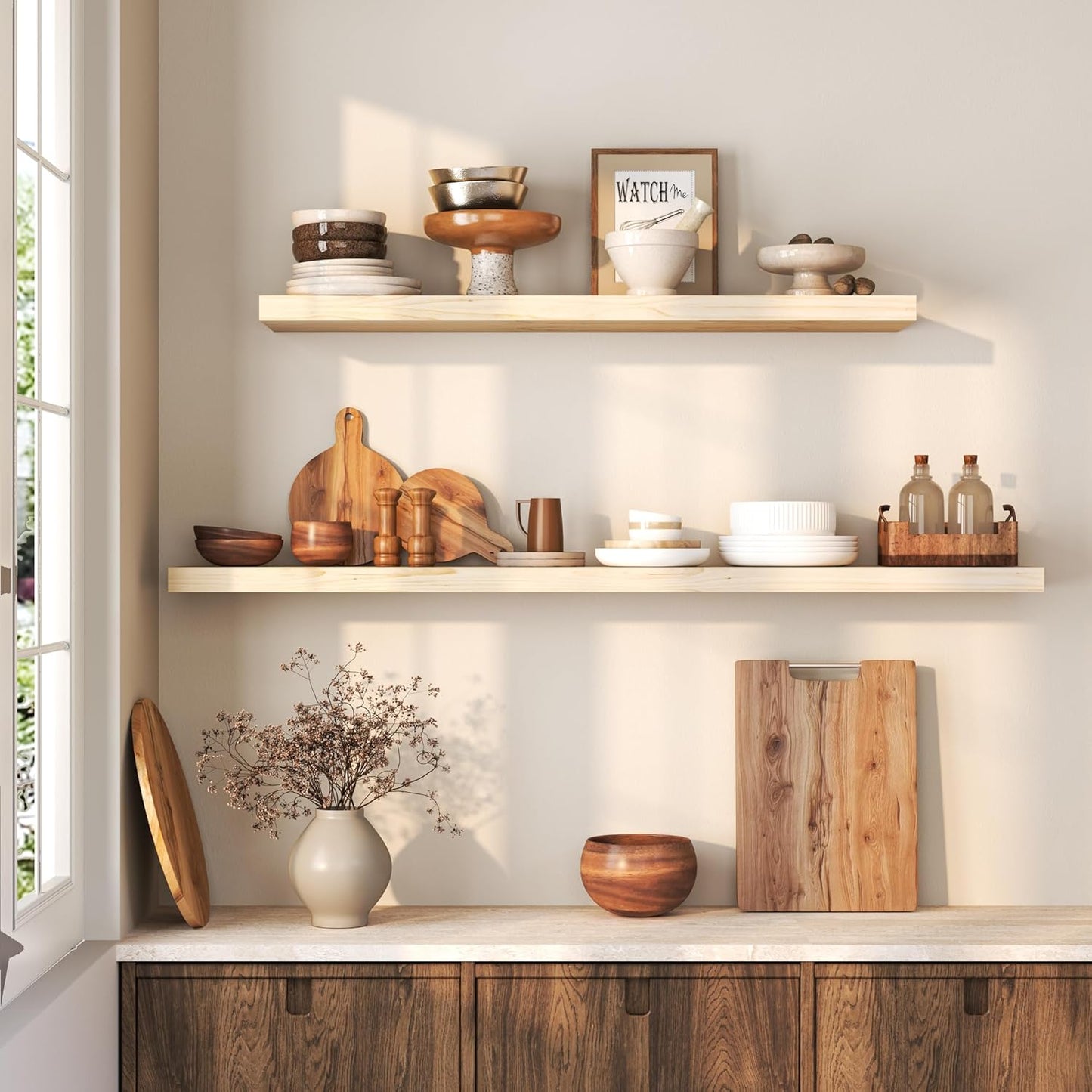 Floating Shelves 36 Inches Long - 8 Inch Deep Rustic Premium Solid Pine Wood for Storage - Farmhouse Wall Mounted for Living Room - Heavy-Duty Metal Bracket - 36" W x 8" D - Set of 2 - White Color