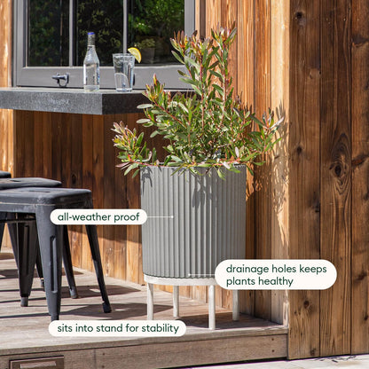 Veradek Demi Series Round Planter w/ Stand for Porch/Patio | Durable Plastic-Concrete & Wooden Stand | Modern Décor for Tall Plants, Flowers