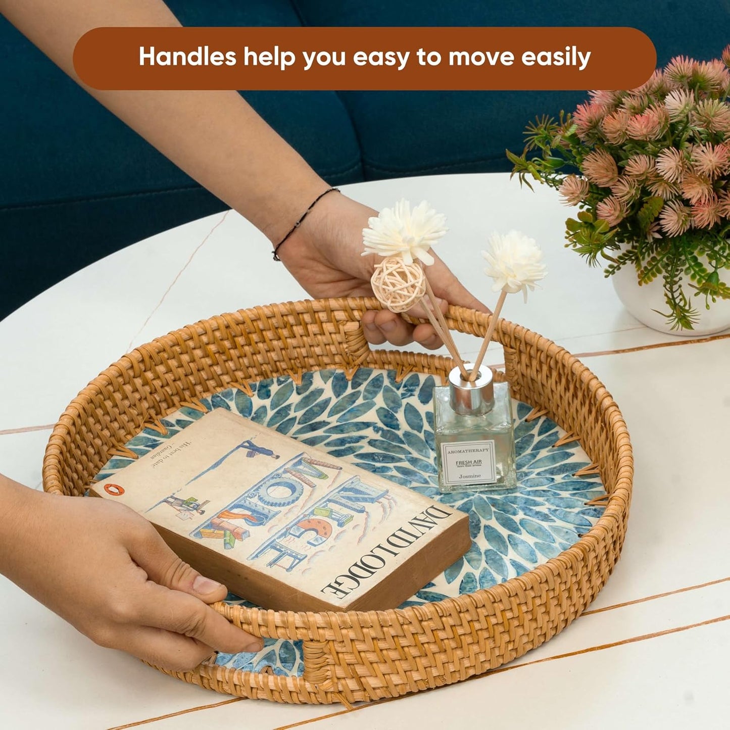 KOLWOVEN Round Rattan Tray with Handle, Rattan Serving Tray with Mother of Pearl Inlay Wooden Base, Decorative Wicker Basket for Table Decor (Blue Leaves)
