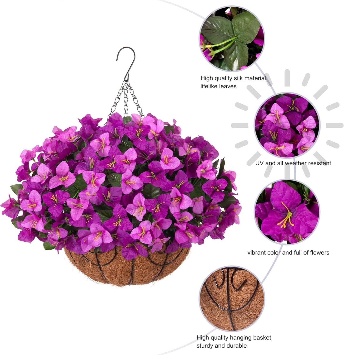 Artificial Hanging Flowers Faux Plants Basket for Outdoors Spring Summer Decor, Fake Silk Bougainvillea in Planter Outdoor Look Real UV Resistant Faux Flower for Outside Porch Patio Garden Home, White