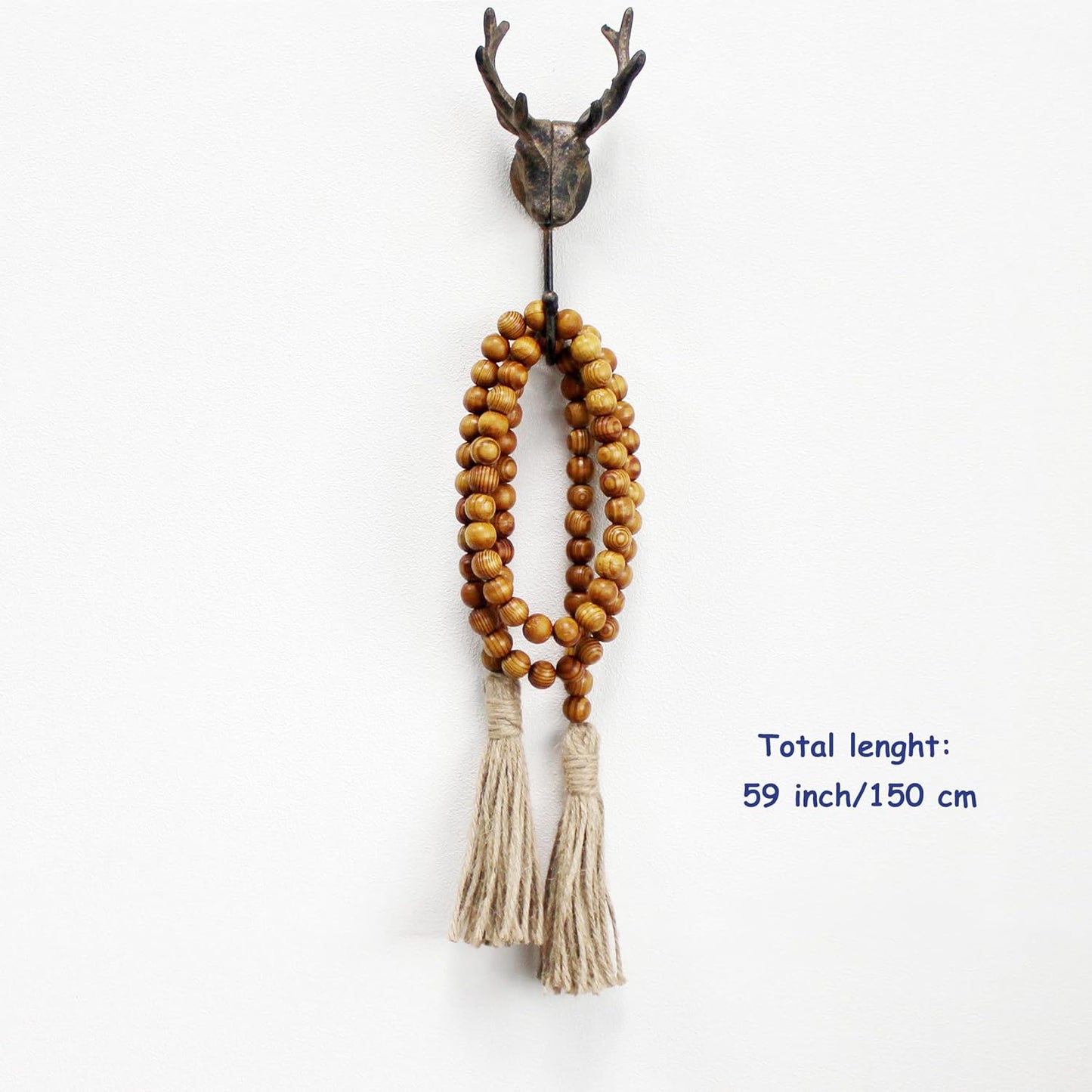 CVHOMEDECO. Wood Beads Garland with Tassels Farmhouse Rustic Wooden Prayer Bead String Wall Hanging Accent for Home Festival Decor. Mix Distressed