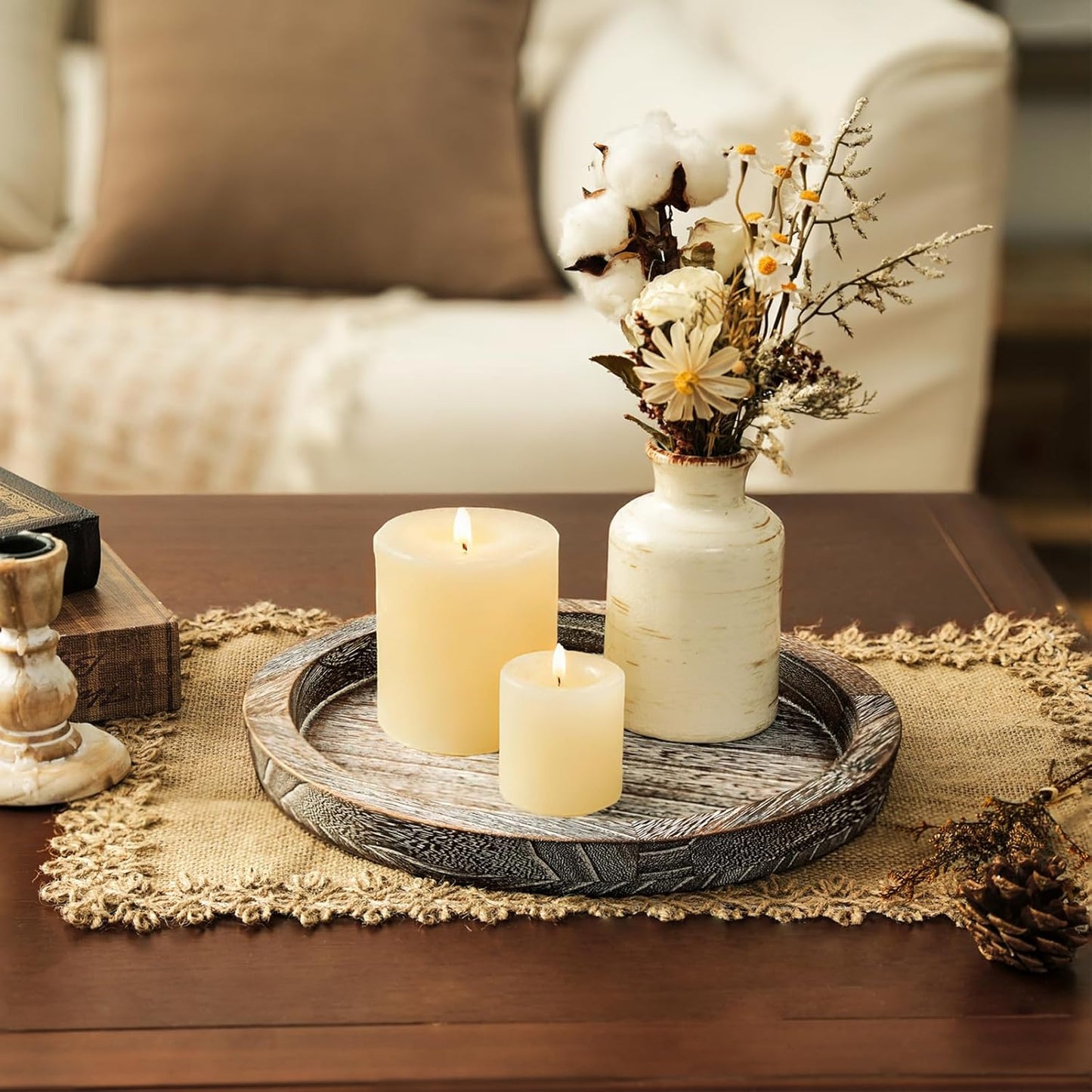 Romadedi Rustic Wooden Tray Candle Holder - Round Wood Decorative Pillar Candle Tray for Coffee Table Farmhouse Kitchen Countertop Organizer Home Decor Wedding Centerpiece, Distressed White