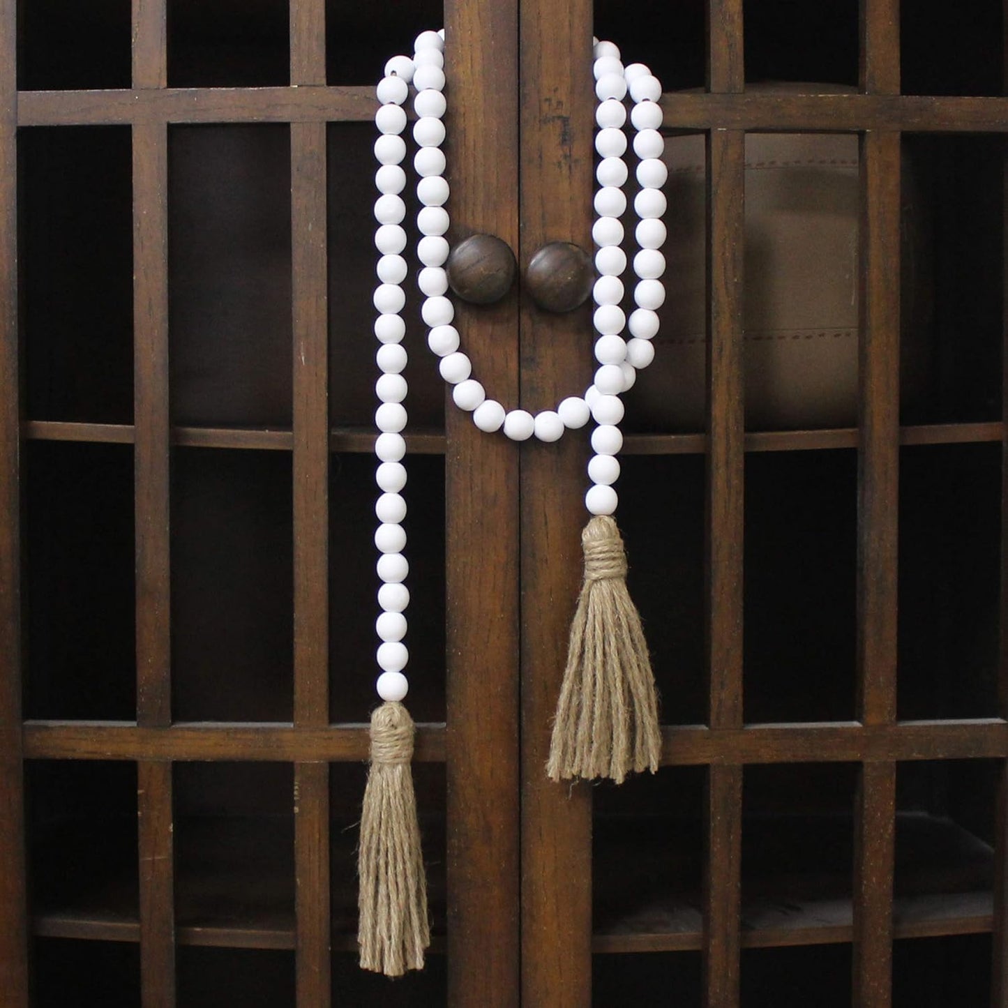 CVHOMEDECO. Wood Beads Garland with Tassels Farmhouse Rustic Wooden Prayer Bead String Wall Hanging Accent for Home Festival Decor. Mix Distressed