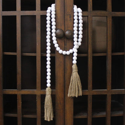 CVHOMEDECO. Wood Beads Garland with Tassels Farmhouse Rustic Wooden Prayer Bead String Wall Hanging Accent for Home Festival Decor. Mix Distressed