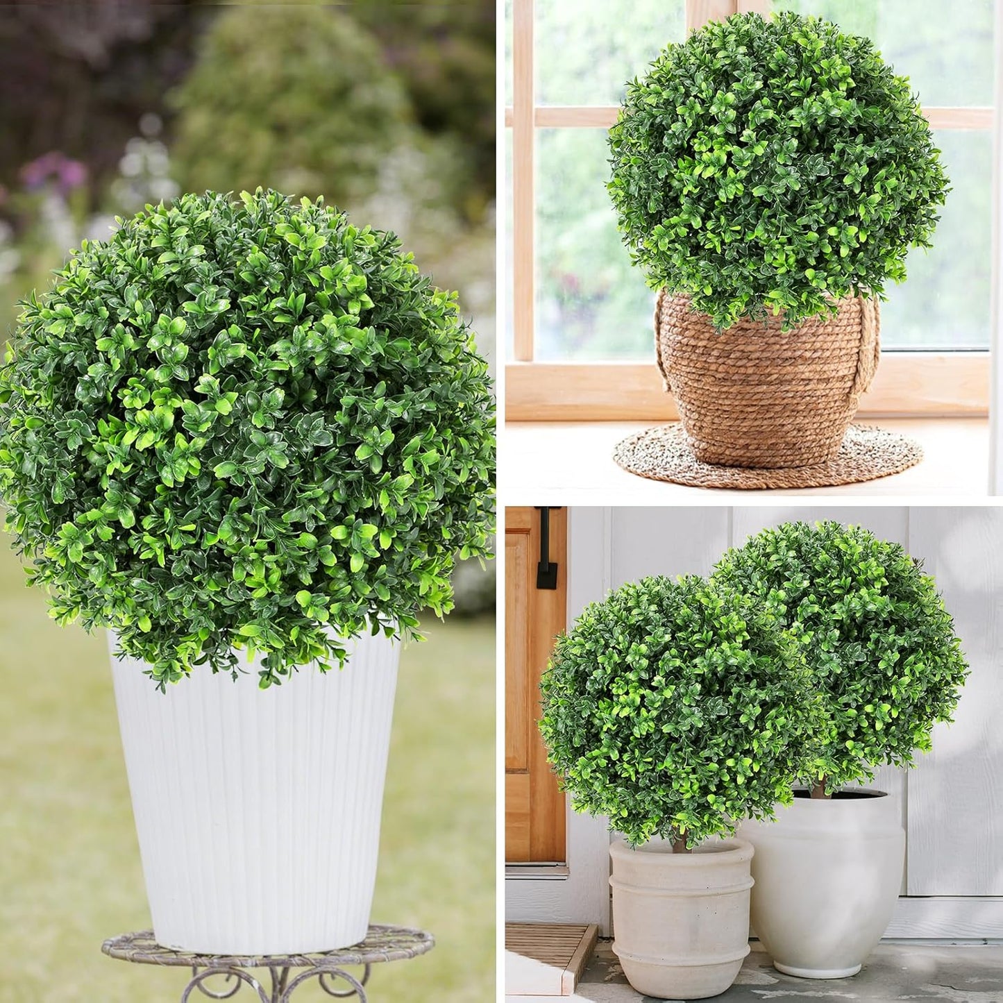 Artificial Red Eucalyptus Topiary Ball Tree 24" with Ground Spike, Set of 2 Artificial Boxwood Bushes for Faux Shrubs, Fake Evergreen Faux Plant for Indoor Outdoor Garden -UV Resistant–Fade-Proof