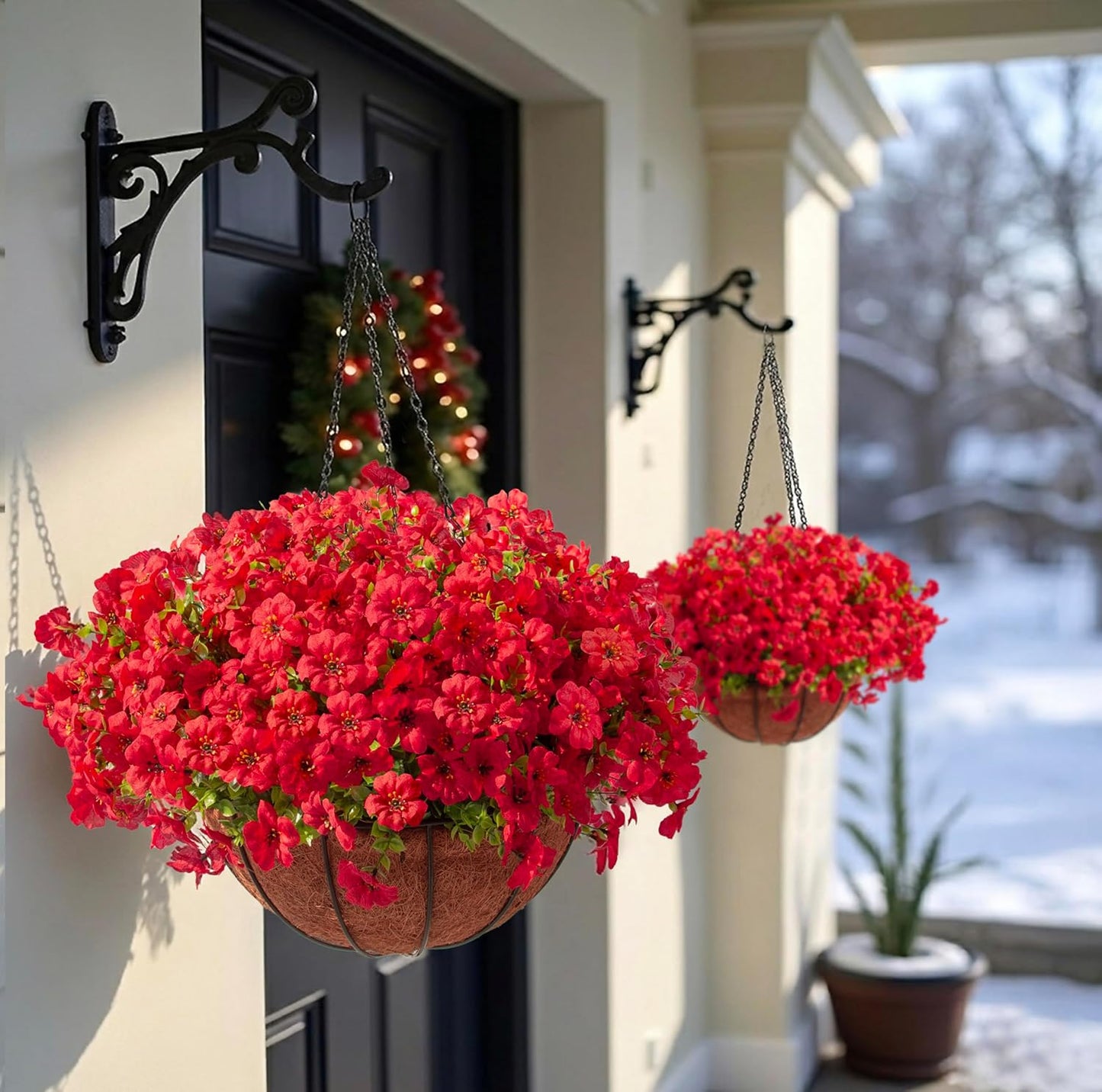 Hananona 2 Set Artificial Outdoor Flowers with Hanging Basket, 2 Hanging Planters with 24 Pcs Flowers for Spring Summer Front Porch Garden Patio Home Decor (2, Red, Purple, Yellow, Rose Red)