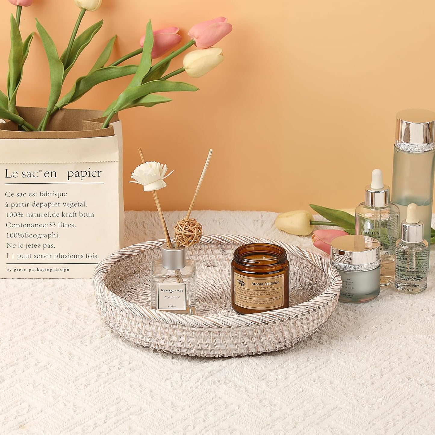 Hipiwe Small Key Basket Bowl for Entryway 7.6" Round Woven Wicker Basket Fruit Serving Tray Woven Basket Wall Decor Rattan Organizer Basket for Keys, Wallet,Whitewash