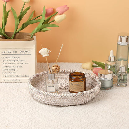 Hipiwe Small Key Basket Bowl for Entryway 7.6" Round Woven Wicker Basket Fruit Serving Tray Woven Basket Wall Decor Rattan Organizer Basket for Keys, Wallet,Whitewash