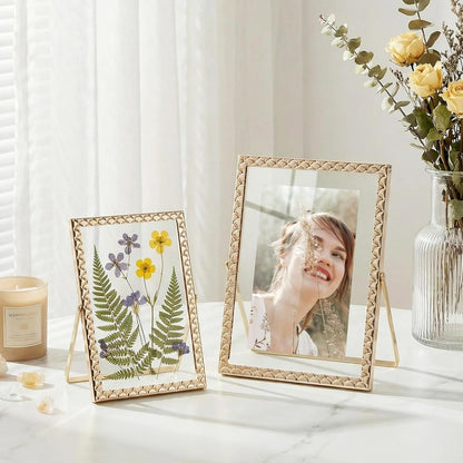 RICHFOCUS Gold 5x7 Floating Picture Frame for Photo 4x6 3.5x5 | 5 x 7 Metal Picture Frames with Double Glass for Tabletop|Modern Photo Frames Wedding|Home Decor