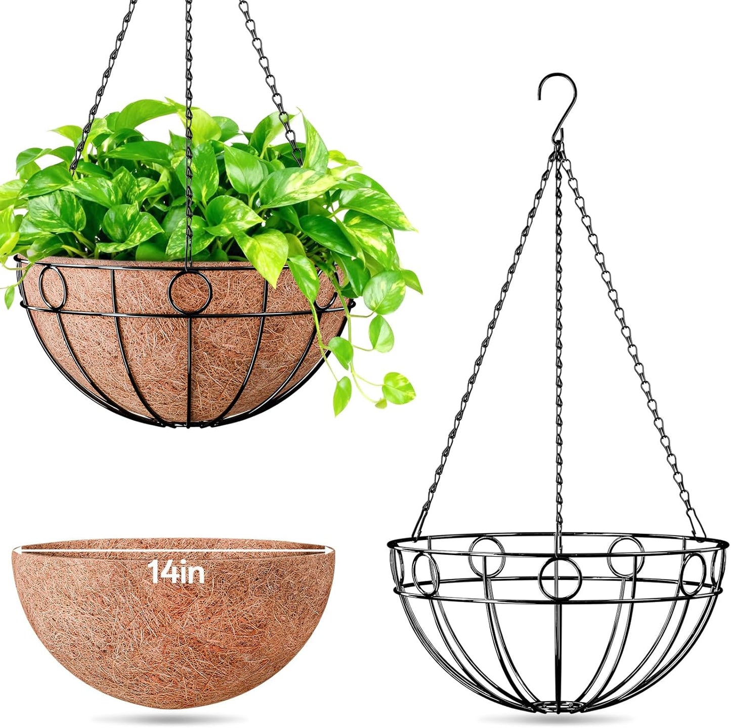 ZeeDix 2 Pack Round Hanging Baskets for Plants Outdoor, 12 Inch Metal Wire Planter Basket with Coco Liner, Hanging Flower Pots for Garden Yard Patio Porch Balcony Decor