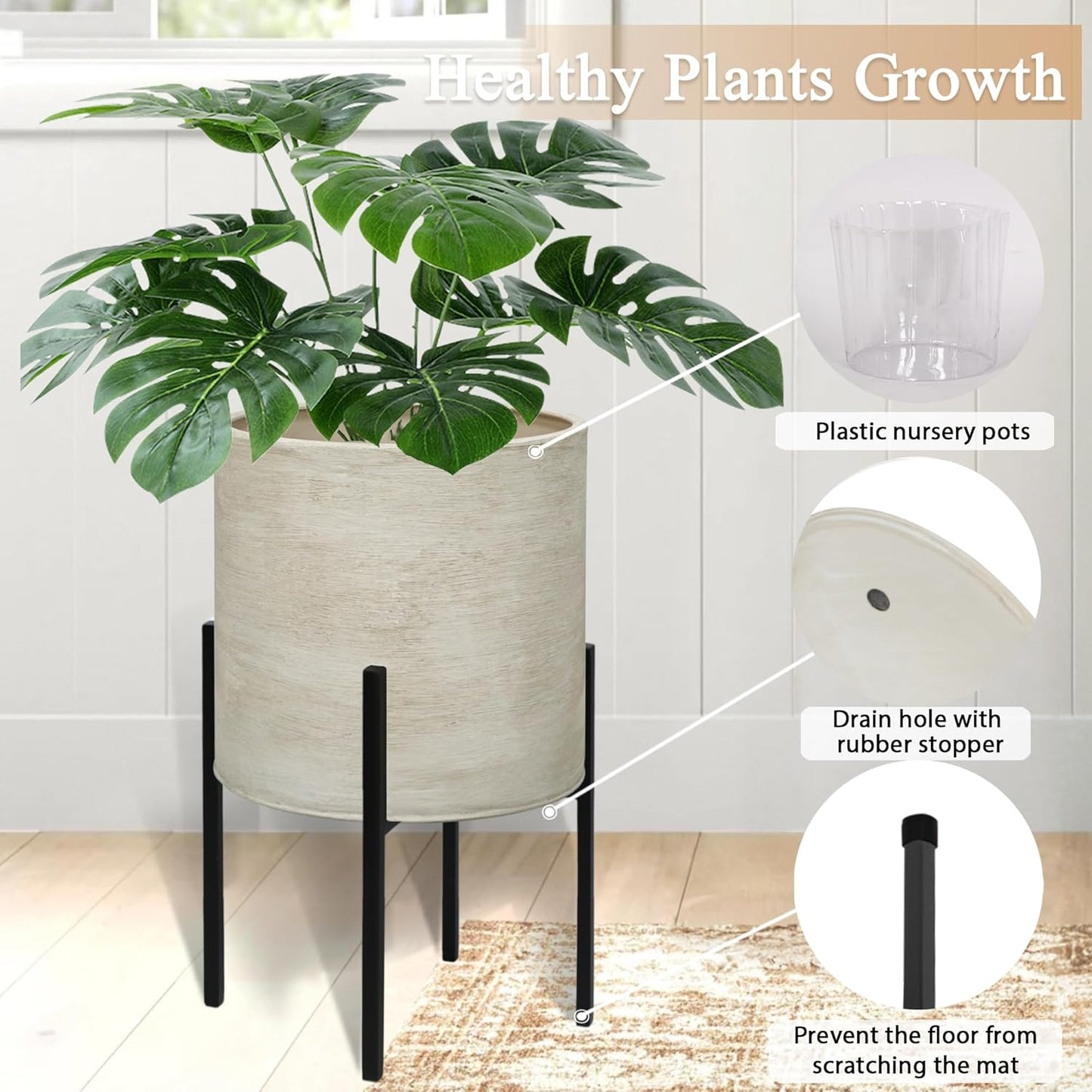 ARNIS Modern Plant Pots, Set of 2 Large Planters with Stand, Decorative Planters, Metal Pots with Drainage Holes for Living Room, Office, Garden or Balcony, 8.25 &10.5 Inch, Dirt