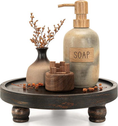 EOSAHR Farmhouse Pine Wood Riser for Home Decor – Round Pedestal Stand for Coffee Table & Kitchen Sink – Stylish Display Stand for Dish Soap Dispenser, Candles, Plants and Cupcakes (Green)