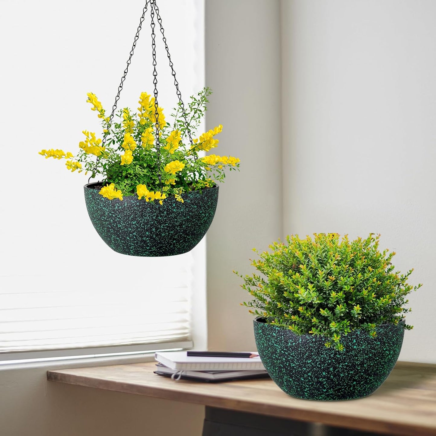 Meowell 10 inch Hanging Planters for Indoor Outdoor Plants, 2 Pack Hanging Flower Pots with Drainage Holes and Chain for Garden Porch, Plastic Hanging Baskets for House Plants, Speckled Grey