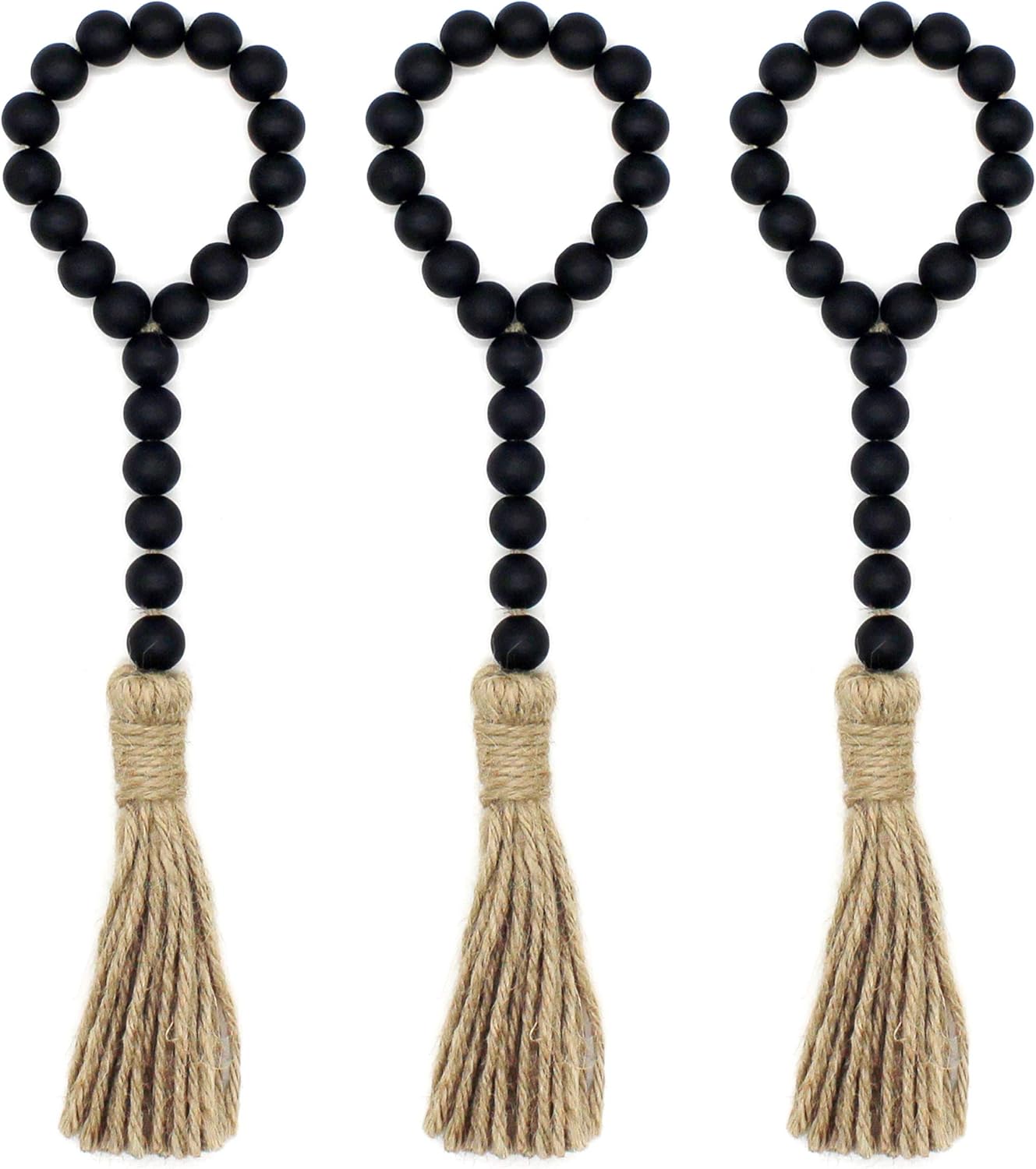 CVHOMEDECO. Wood Beads Garland with Tassels 3 PCS Farmhouse Rustic Wooden Prayer Bead String Wall Hanging Accent for Home Festival Decor. Natural