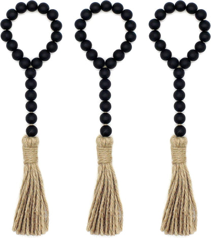CVHOMEDECO. Wood Beads Garland with Tassels 3 PCS Farmhouse Rustic Wooden Prayer Bead String Wall Hanging Accent for Home Festival Decor. Natural