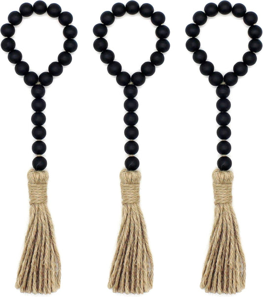 CVHOMEDECO. Wood Beads Garland with Tassels 3 PCS Farmhouse Rustic Wooden Prayer Bead String Wall Hanging Accent for Home Festival Decor. Natural
