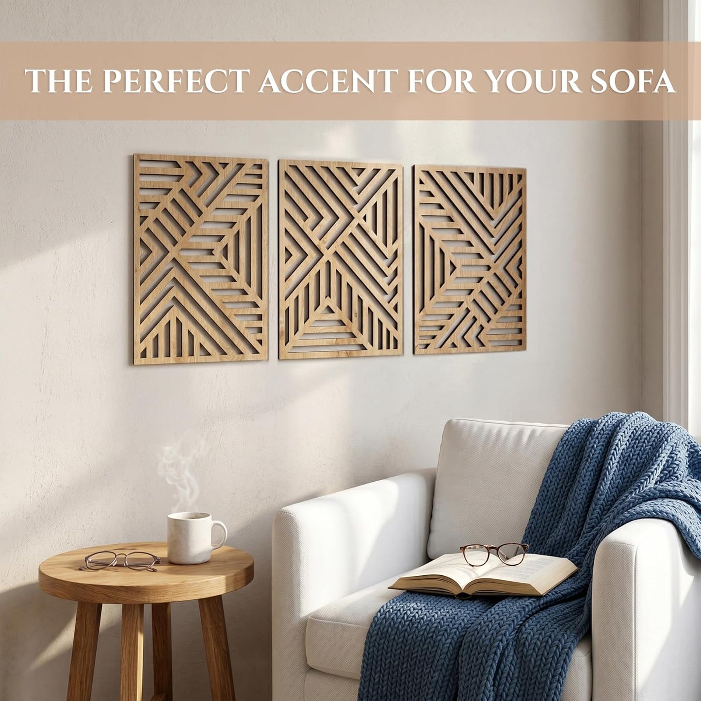 qmmp Modern Wooden Wall Sculptures - Set of 3 - Home Decor Accent - Large Wall Art for Living Room, Bedroom, Office - Easy Installation (Oak, Medium - Mountain and Sun)