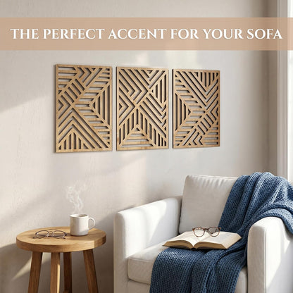 qmmp Modern Wooden Wall Sculptures - Set of 3 - Home Decor Accent - Large Wall Art for Living Room, Bedroom, Office - Easy Installation (Oak, Medium - Mountain and Sun)