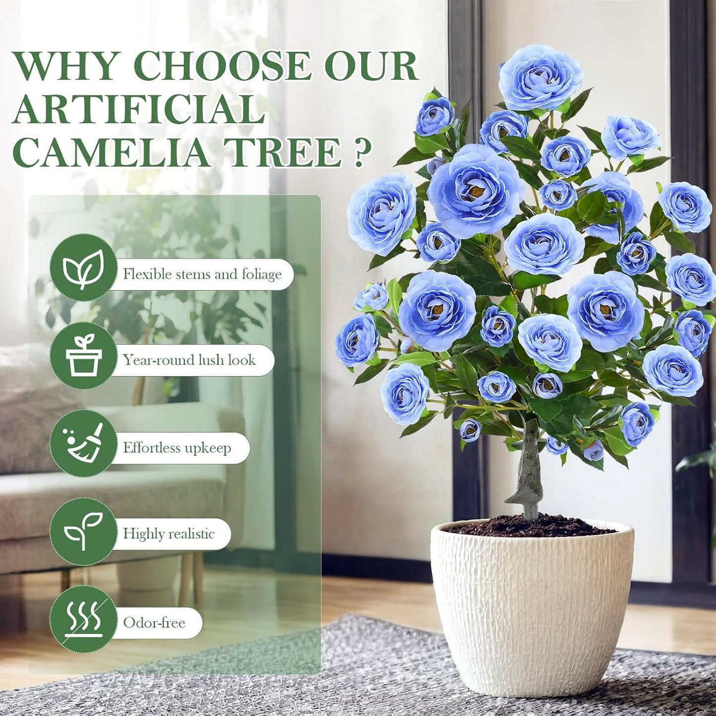 Lunmon 2 Pack 3ft Artificial Camellia Plants Tree 36" Faux Camellia Flower with Spike UV Resistant Realistic Fake Floral Blooming Bush for Indoor Outdoor Front Door Porch Backyard Garden, Purple