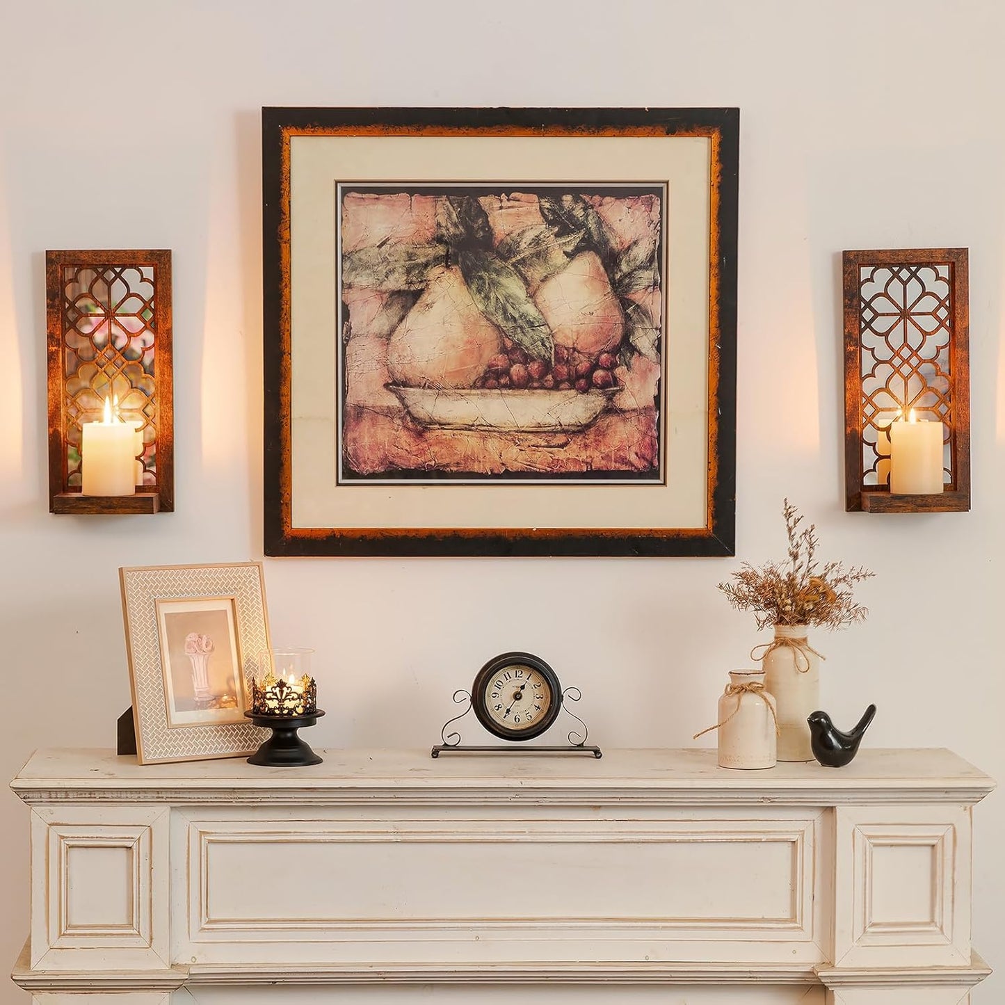 Farmhouse Wall Candle Holder Decor: Rustic Candle Sconces Set of Two for Pillar Candles - Brown Wooden Shelving for Fireplace Bathroom Hallway