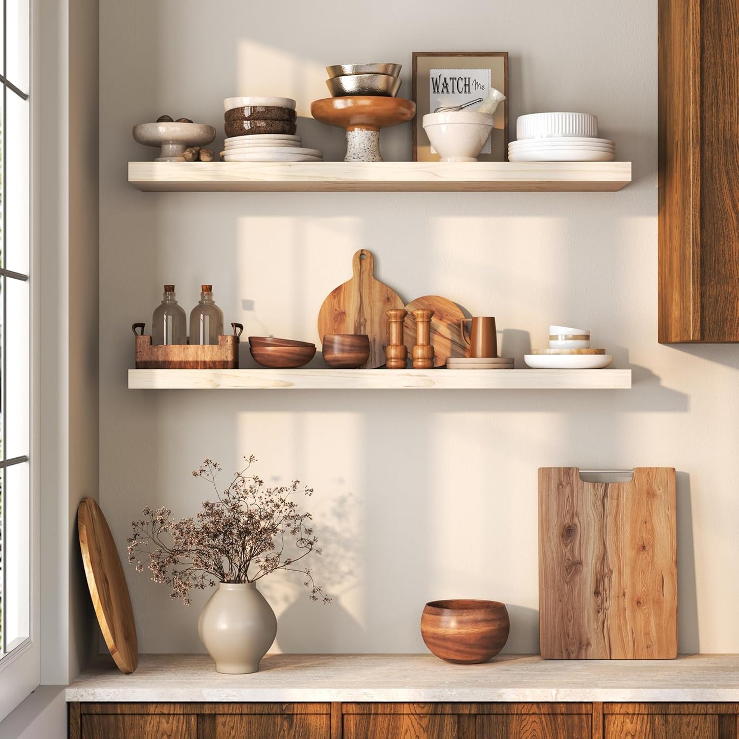 Floating Shelves 36 Inches Long - 8 Inch Deep Rustic Premium Solid Pine Wood for Storage - Farmhouse Wall Mounted for Living Room - Heavy-Duty Metal Bracket - 36" W x 8" D - Set of 2 - White Color