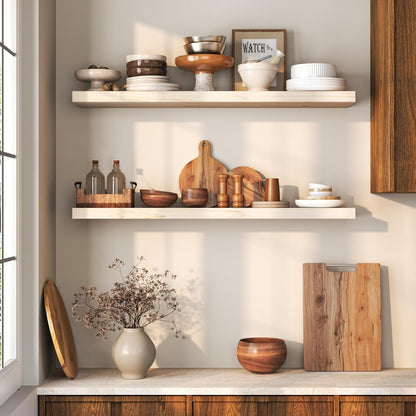 Floating Shelves 36 Inches Long - 8 Inch Deep Rustic Premium Solid Pine Wood for Storage - Farmhouse Wall Mounted for Living Room - Heavy-Duty Metal Bracket - 36" W x 8" D - Set of 2 - White Color