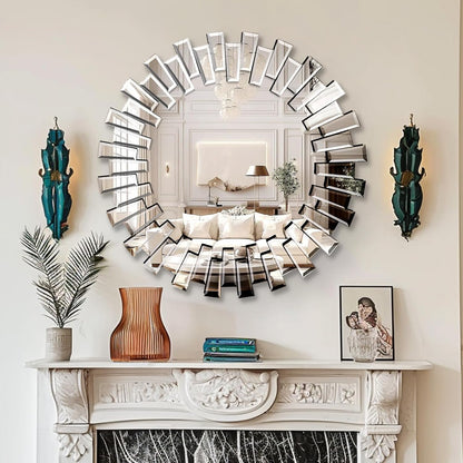 QDSSDECO Round Mirror Sunburst Wall Mirror 24" Beveled Edge Frameless for Living Room Bathroom Bedroom Entryway Decor