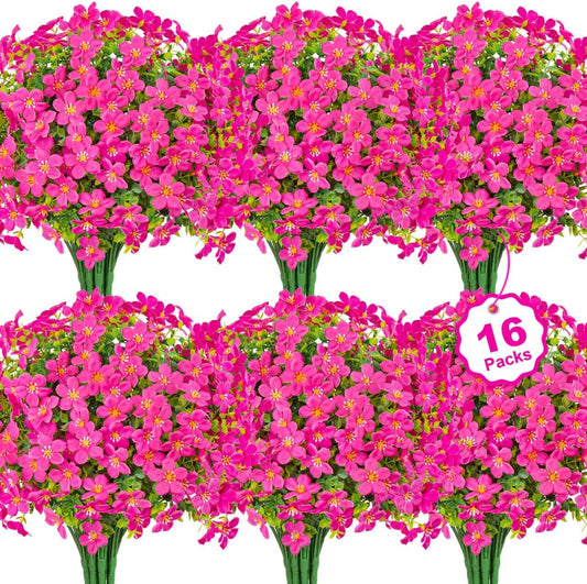 16 Bundles Artificial Flowers for Outdoors Decoration Fake Silk Flowers UV Resistant Faux Plastic Plants for Spring Summer Garden Yard Porch Window Box Home Indoor Outdoor Decor, Mixed