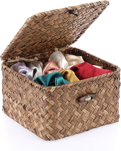 Hipiwe Seagrass Basket with Lid Wicker Storage Basket Square Handwoven Decorative Baskets Box for Shelf Multipurpose Household Baskets Home Decor,X-small