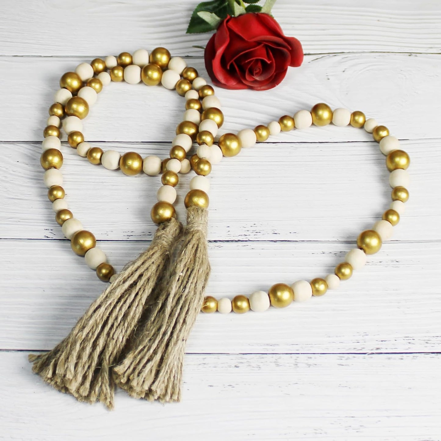 CVHOMEDECO. Wood Beads Garland with Tassels Farmhouse Rustic Wooden Prayer Bead String Wall Hanging Accent for Home Festival Decor. Mix Distressed