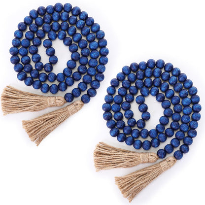 Geetery 2 Pcs 58'' Bead Garland with Tassels, Rustic Country Decor, Boho Wall Hanging for Farmhouse Style, Versatile Prayer Beads for Home, Table, or Wall Decoration (Black)
