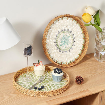 Round Rattan Tray with Mother of Pearl Inlay, Rattan Serving Tray with Wooden Base, Decorative Wicker Basket for Table Decor, Storage and Display of Coffee Bread Food Fruit (Leaf)