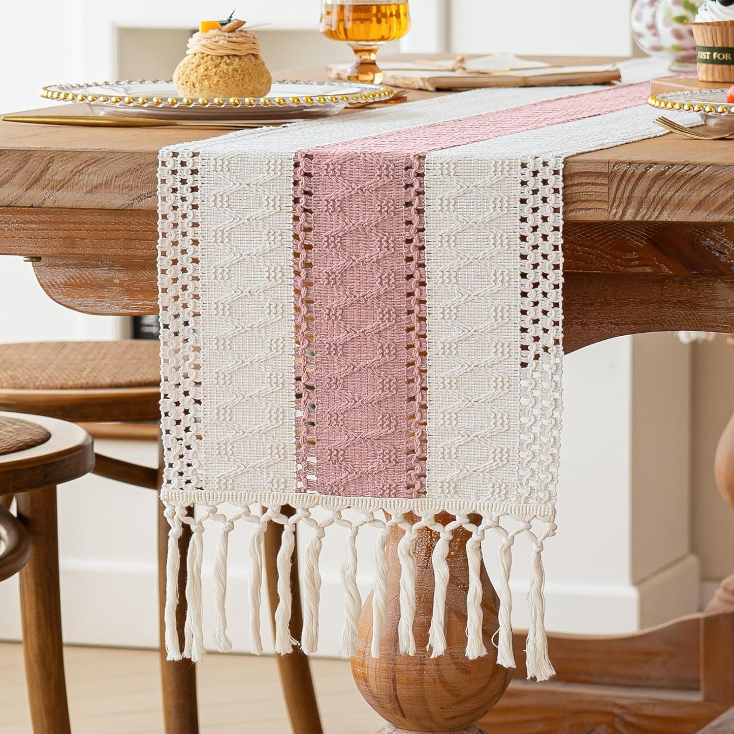 FEXIA Boho Table Runner for Thanksgiving Fall Christmas Home Decor with Tassels 72 Inches Long Pottery barn Furniture Farmhouse Rustic Macrame Burlap Table Decoration for Living Room (12x72 Inches)