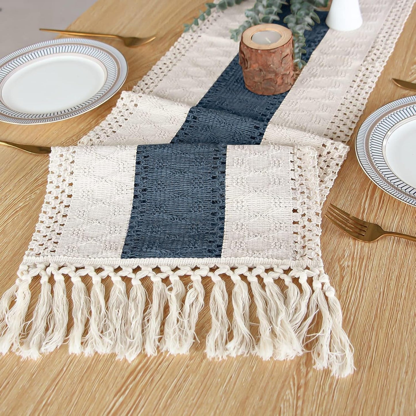 FEXIA Boho Table Runner for Thanksgiving Fall Christmas Home Decor with Tassels 72 Inches Long Pottery barn Furniture Farmhouse Rustic Macrame Burlap Table Decoration for Living Room (12x72 Inches)
