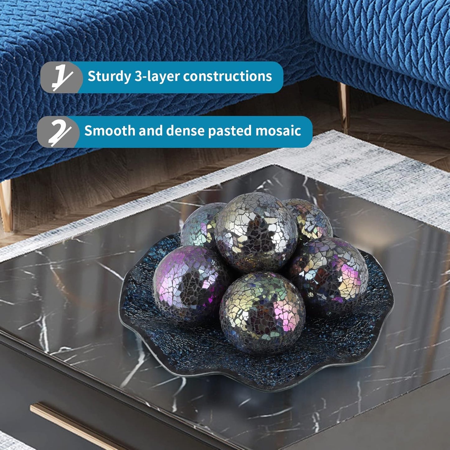 MDLUU 6 Pcs Mosaic Sphere Balls-Diameter 3 in, Decorative Orbs, Centerpiece Balls for Bowls, Vases, Dining Table Decor, Turquoise Blue