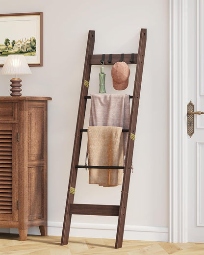 Hzuaneri Blanket Ladder for Living Room, Decorative Quilt Rack with 4 Removable Hooks, 5-Tier Farmhouse Ladder Holder Shelf Organizer for Bedroom, Rustic Brown and Black 02101BBR