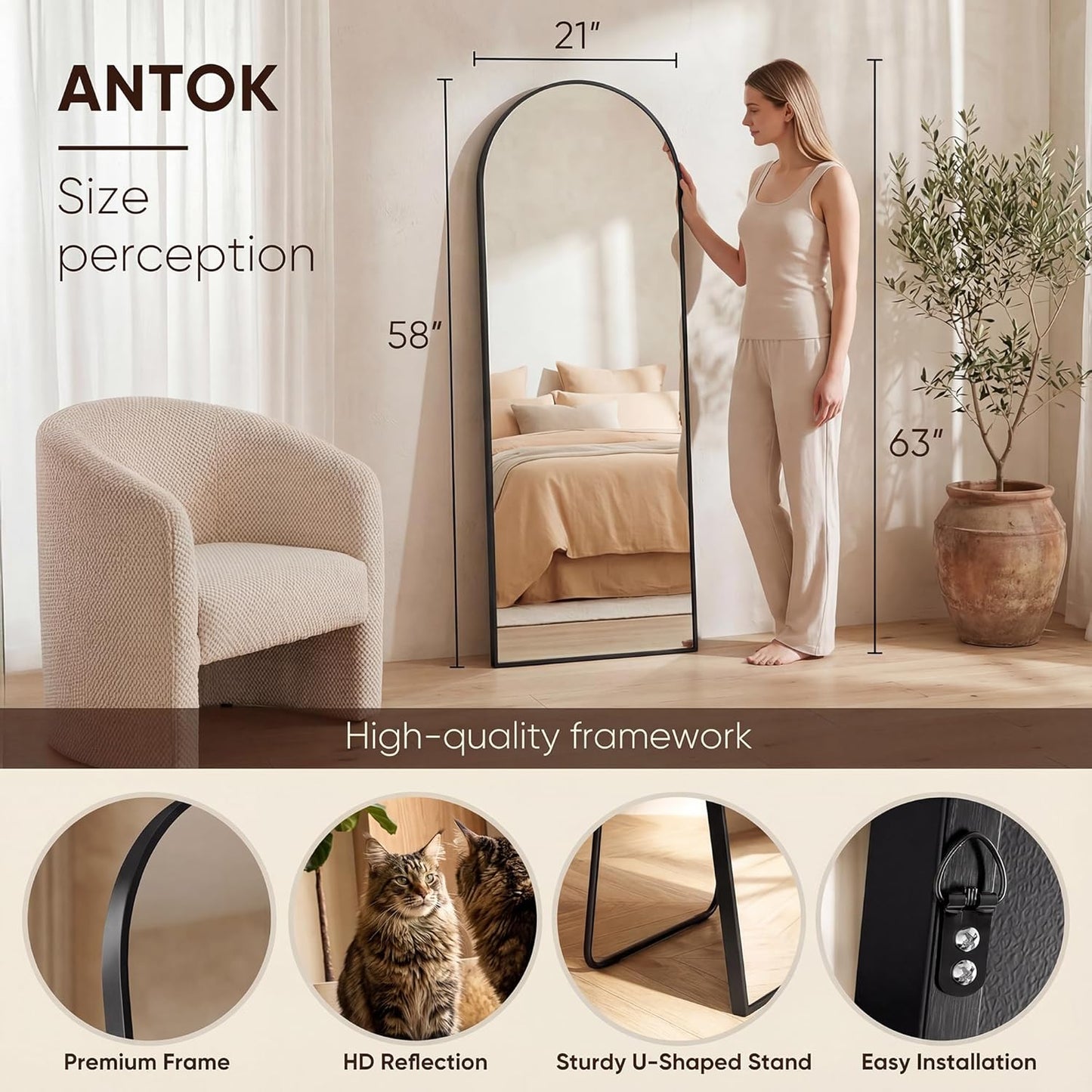 Antok 71" x28” Arched Full Length Floor Mirror, Black Aluminum Frame, Free Standing/Wall Mount/Leaning for Bedroom, Living Room, Dressing Room