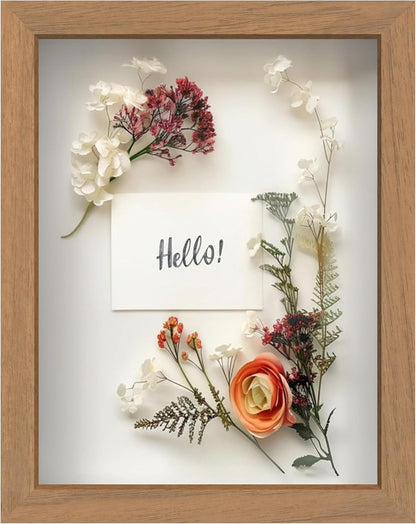 FrameWorks 11” x 14” Dark Oak Wooden Shadow Box Frame – Display Case with Soft Felt Back, Memory Box with Tempered Glass, Display Box with Elegant White Ball Push Pins, Wooden Flower Box