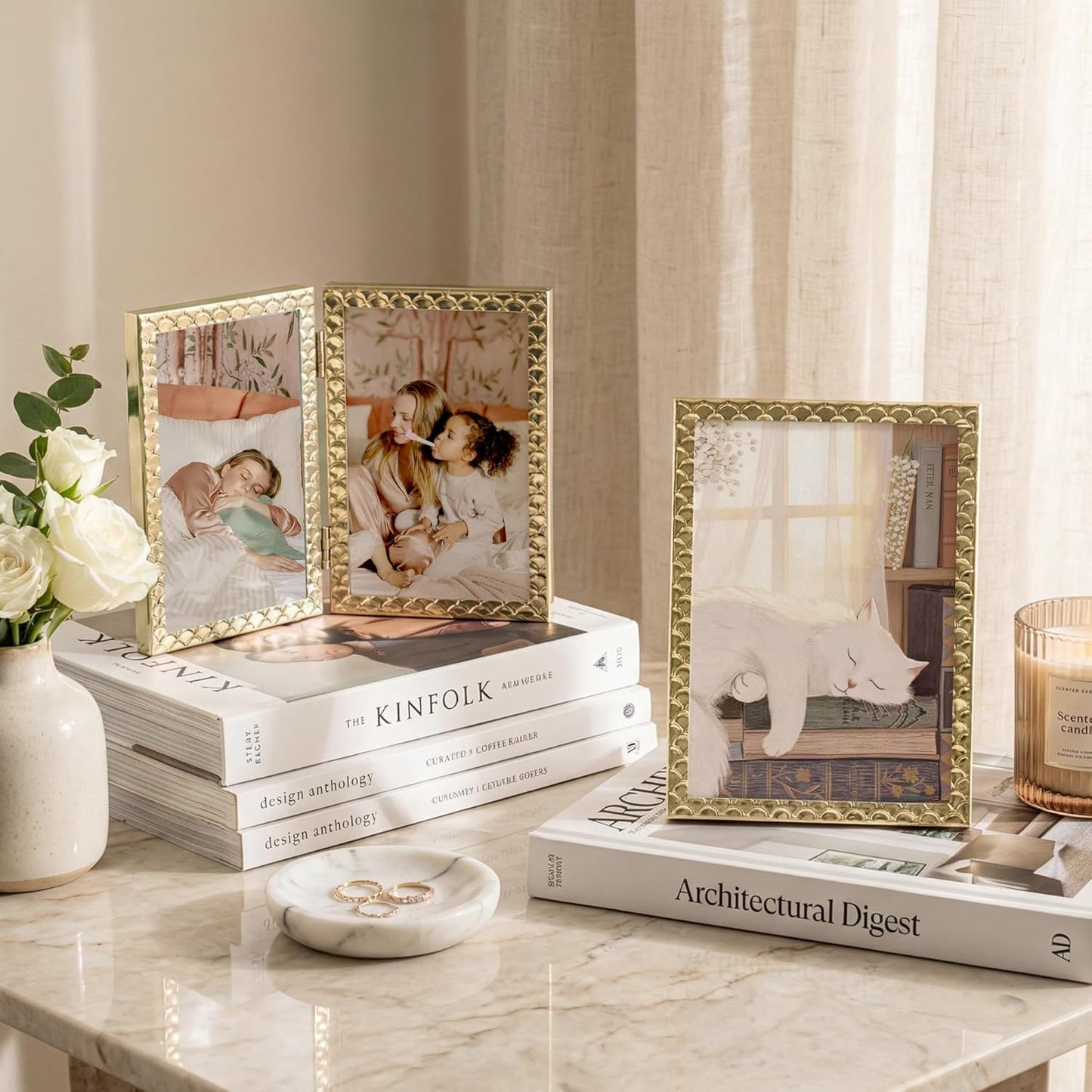 RICHFOCUS Gold 5x7 Floating Picture Frame for Photo 4x6 3.5x5 | 5 x 7 Metal Picture Frames with Double Glass for Tabletop|Modern Photo Frames Wedding|Home Decor