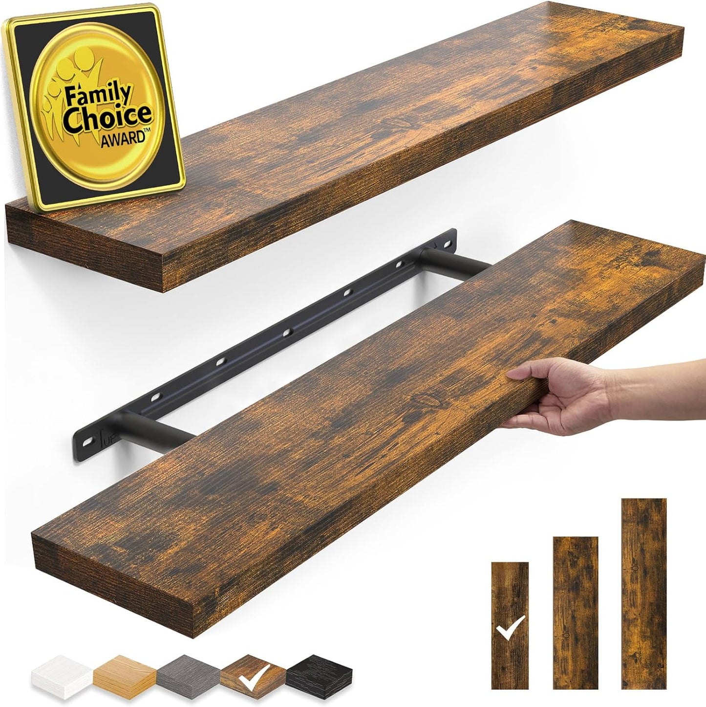 BAYKA Floating Shelves for Wall, Set of 3, Wall Mounted Rustic Wood Shelves for Bathroom, Bedroom, Living Room, Kitchen, Small Hanging Shelf for Books/Storage/Room Decor, Walnut-Like, 15.7in