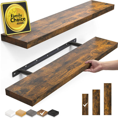 BAYKA Floating Shelves for Wall, Set of 3, Wall Mounted Rustic Wood Shelves for Bathroom, Bedroom, Living Room, Kitchen, Small Hanging Shelf for Books/Storage/Room Decor, Walnut-Like, 15.7in