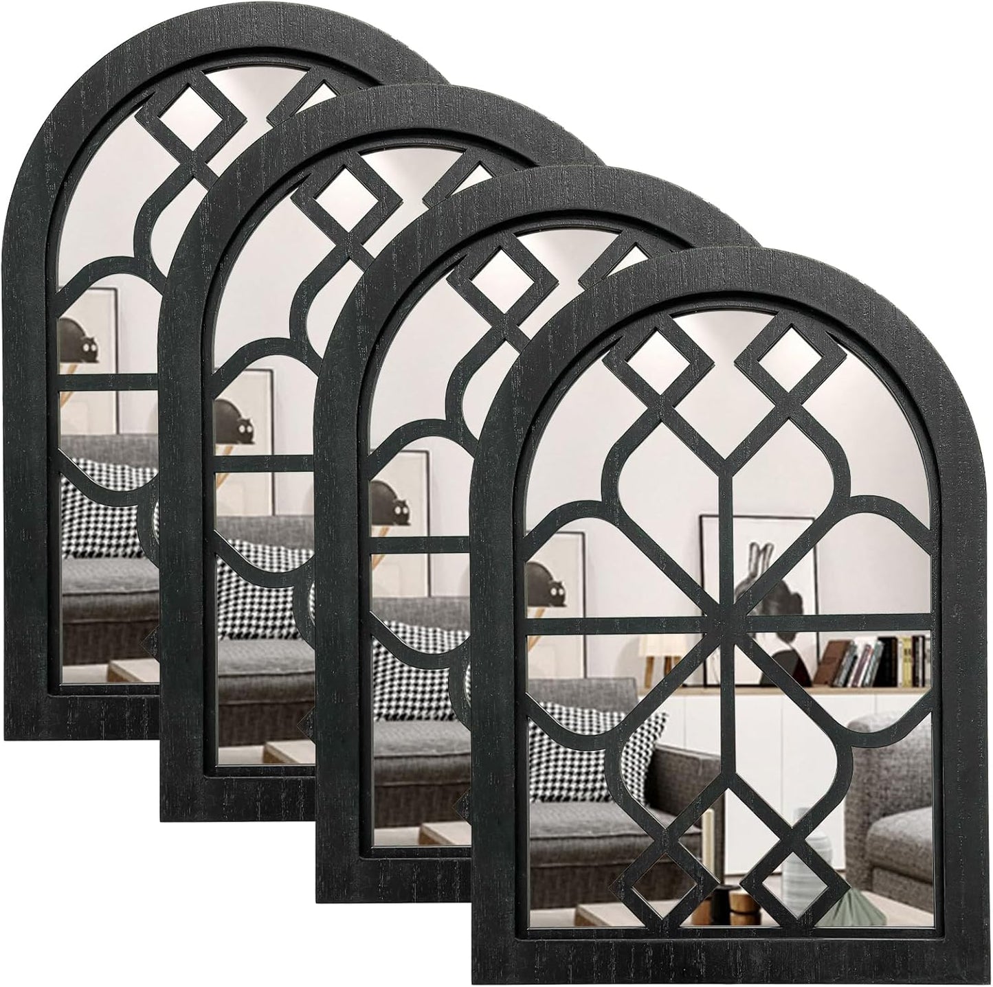 ZEXUIRU 4 Set. Rustic Wall Mirrors for Bedroom Bathroom Living Room Entryway Wood Farmhouse Square Easy to Hang Framed Decorative Accent Hanging Wall-Mounted Mirror Set for Living Room - Black